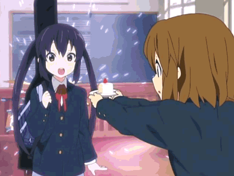 hirasawa yui, nakano azusa, k-on!, animated, animated gif, anime screenshot, lowres, non-web source, 00s, 2girls, black hair, brown hair, cake, chalkboard, classroom, cream, depressed, drum, food, fruit, gloom (expression), happy, instrument, long hair, mood swing, multiple girls, neck ribbon, pastry, red ribbon, ribbon, school, school uniform, short hair, smile, sparkle, strawberry, strawberry shortcake, twintails, | | |