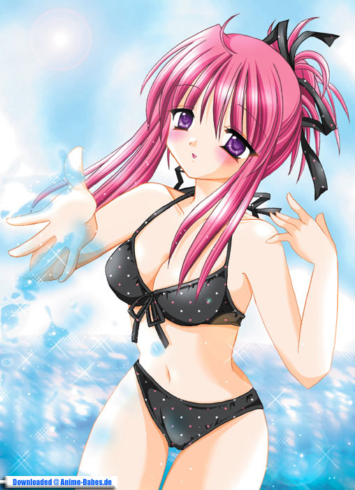 character request, bikini, blush, bra, breasts, cleavage, hair ribbon, lingerie, long hair, purple eyes, red hair, ribbon, swimsuit, underwear