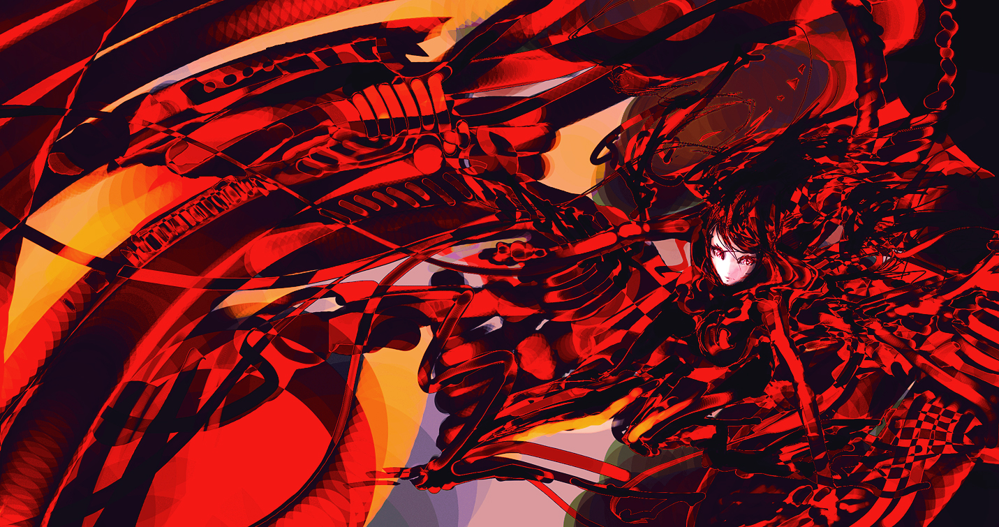 iori yakatabako, original, bad id, bad pixiv id, 1girl, female focus, mecha, red theme, robot, solo