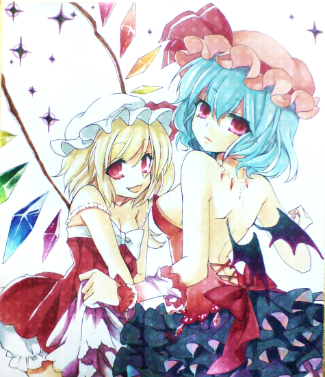 masaru.jp, flandre scarlet, remilia scarlet, touhou, bad id, bad pixiv id, 2girls, back, blonde hair, blue hair, breasts, dress, female focus, hat, looking back, medium breasts, multiple girls, siblings, sideboob, sisters, small breasts, wings