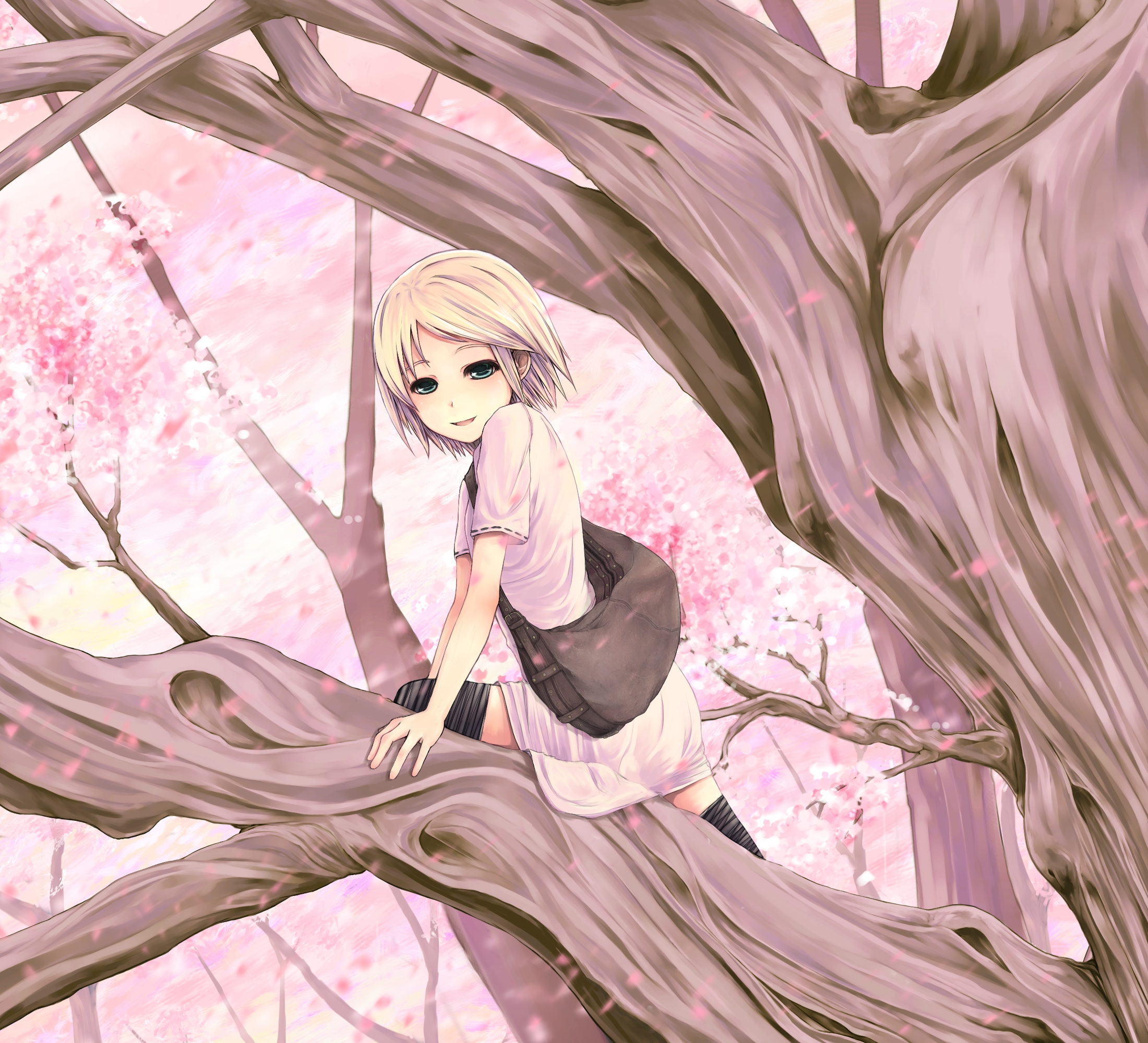 anemos, original, highres, bag, blonde hair, branch, cherry blossoms, dress, green eyes, short hair, solo, thighhighs, tree, zettai ryouiki