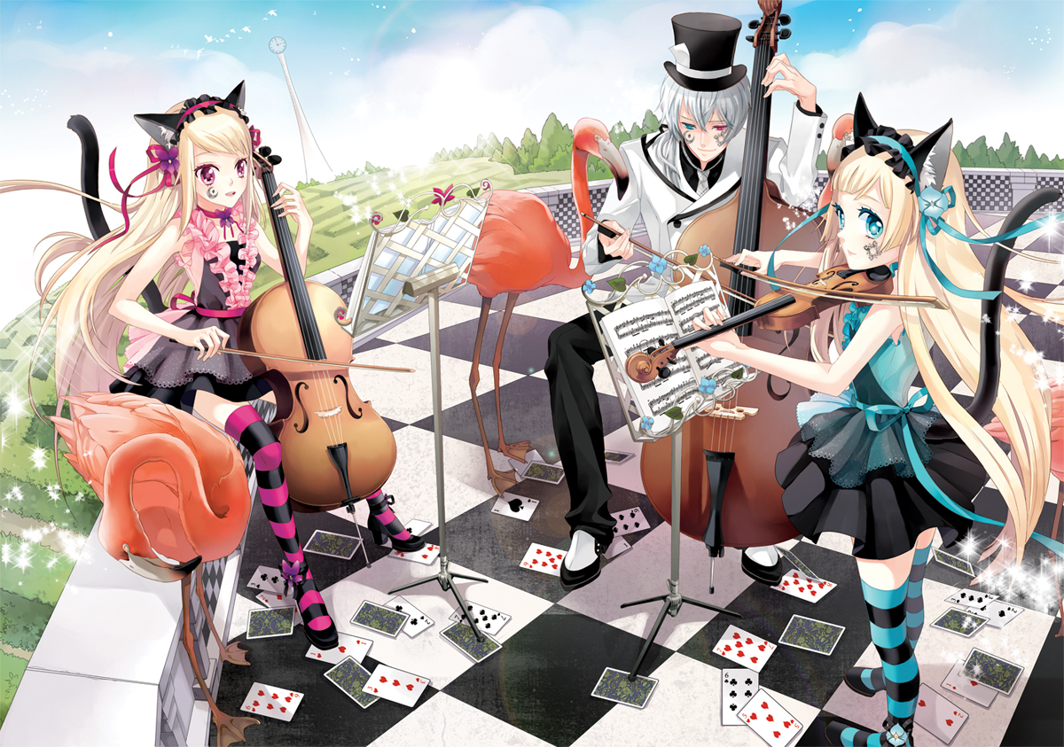 cocoon (loveririn), hiver laurant, hortense (sound horizon), violette (sound horizon), roman (sound horizon), sound horizon, silver hair, striped legwear, bad id, bad pixiv id, 1boy, 2girls, ace (playing card), ace of hearts, ace of spades, animal, animal ears, bird, blonde hair, blue eyes, card, cat ears, cat tail, cello, double bass, facepaint, flamingo, flower, hair flower, hair ornament, hair ribbon, hairband, hat, heart, heterochromia, high heels, instrument, long hair, multiple girls, playing card, purple eyes, ribbon, sheet music, sitting, spade (shape), striped clothes, striped thighhighs, tail, thighhighs, top hat, very long hair, violin, zettai ryouiki