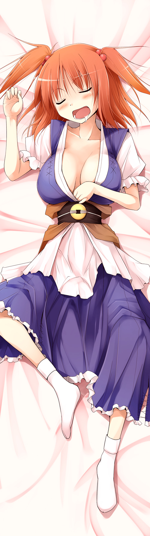 kurikara, onozuka komachi, touhou, bad id, bad pixiv id, highres, long image, tall image, 1girl, blush, breasts, breasts apart, cleavage, closed eyes, dakimakura (medium), female focus, full body, hair bobbles, hair ornament, large breasts, lying, on back, open mouth, red hair, saliva, short hair, sleeping, socks, solo, twintails, two side up