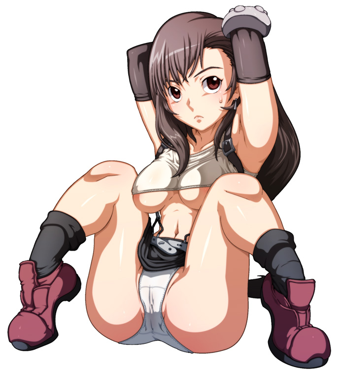 caryo, tabigarasu, tifa lockhart, final fantasy, final fantasy vii, bad id, bad pixiv id, 1990s (style), 1girl, armpits, arms behind back, arms up, boots, breasts, brown hair, cameltoe, elbow gloves, female focus, gloves, large breasts, long hair, navel, panties, red eyes, retro artstyle, skirt, solo, spread legs, suspender skirt, suspenders, sweatdrop, underboob, underwear