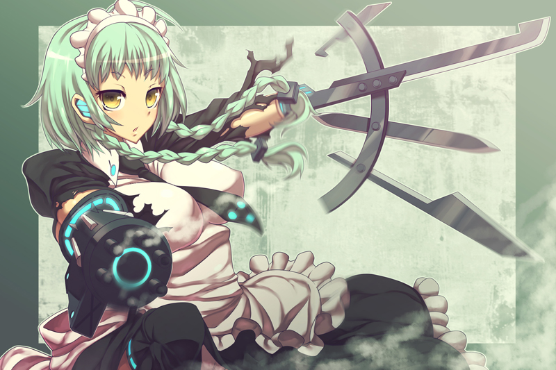 is ii, original, blade, bad id, bad pixiv id, 1girl, android, between breasts, braid, breasts, female focus, gatling gun, green hair, gun, large breasts, long hair, maid, maid headdress, minigun, necktie, solo, twin braids, twintails, weapon, yellow eyes