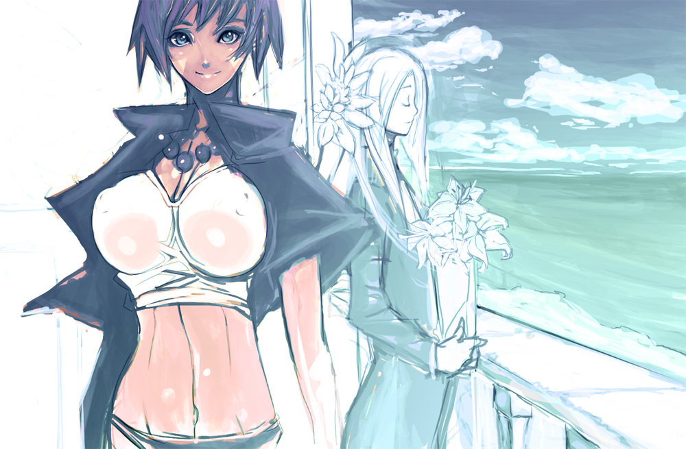 2girls, beach, flower, jewelry, midriff, multiple girls, necklace, short hair