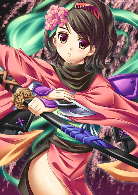 ibuki mana, momohime, oboro muramasa, vanillaware, aqua sash, brown hair, comb, flower, hair flower, hair ornament, japanese clothes, katana, purple eyes, sash, short hair, solo, sword, weapon
