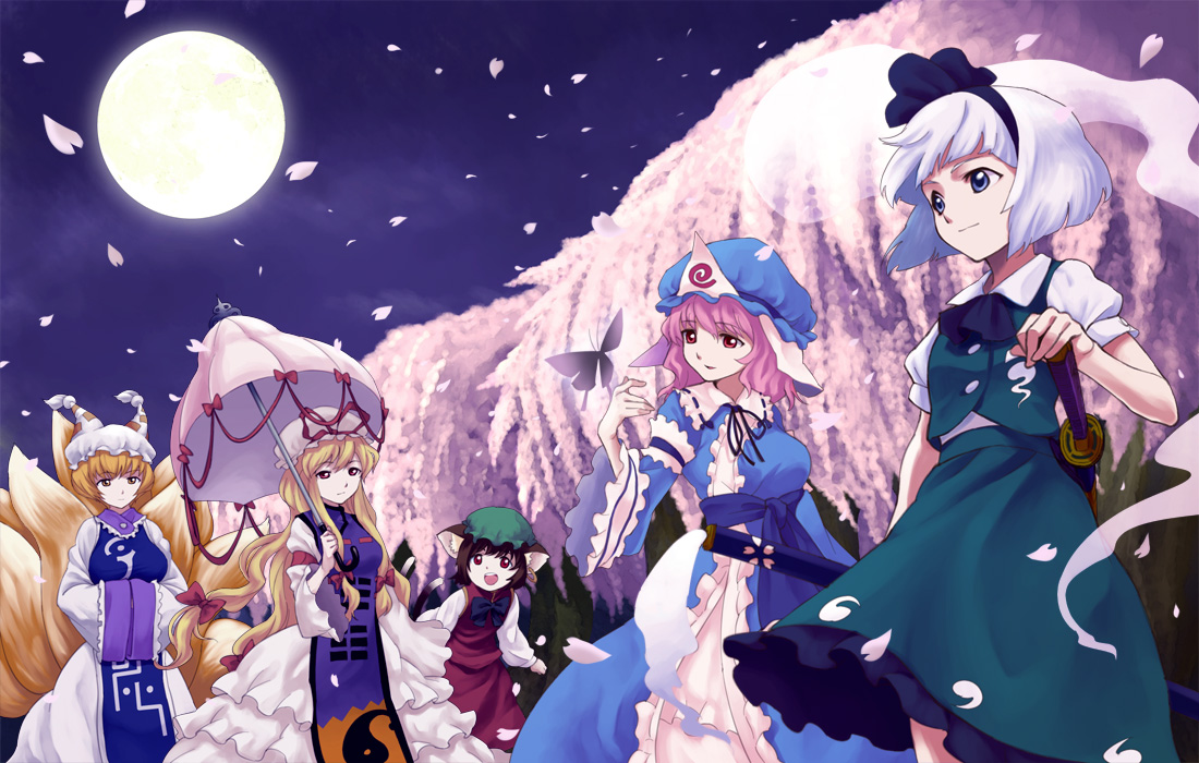 tenten (artist), tenten (edp666), chen, konpaku youmu, konpaku youmu (ghost), saigyouji yuyuko, yakumo ran, yakumo yukari, touhou, silver hair, 5girls, animal ears, animal hat, blonde hair, blue eyes, brown hair, bug, butterfly, cat ears, cat girl, cat tail, cherry blossoms, earrings, female focus, fox tail, full moon, ghost, hair ribbon, hairband, hands in opposite sleeves, hat, holding, holding umbrella, insect, jewelry, katana, long hair, long sleeves, mob cap, moon, multiple girls, multiple tails, outdoors, petals, pink eyes, pink hair, puffy short sleeves, puffy sleeves, red eyes, ribbon, sheath, sheathed, short hair, short sleeves, sword, tail, tassel, umbrella, weapon, wide sleeves