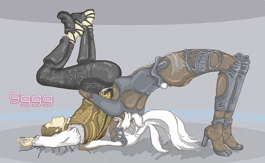 cactus (loirist), balflear, fran (ff12), final fantasy, final fantasy xii, 00s, 1boy, 1girl, animal ears, armor, breasts, cleavage, crack, cracked floor, dark-skinned female, dark skin, german suplex, helmet, high heels, large breasts, long hair, long sleeves, no eyes, rabbit ears, revealing clothes, shin guards, suplex, thighhighs, viera, white hair, wrestling