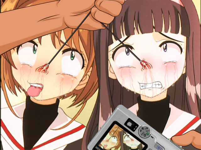 daidouji tomoyo, kinomoto sakura, cardcaptor sakura, third-party edit, 1990s (style), 2girls, blush, camera, close-up, green eyes, hairband, hime cut, humiliation, long hair, multiple girls, nose, nose hook, orange hair, photographic proof, pov, purple eyes, retro artstyle, saliva, school uniform, snot, tears, tomoeda middle school uniform, tongue, viewfinder