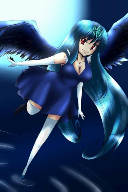 articuno, moemon, nintendo, pokemon, satoxpika, blue hair, gen 1 pokemon, legendary pokemon, personification, red eyes, wings