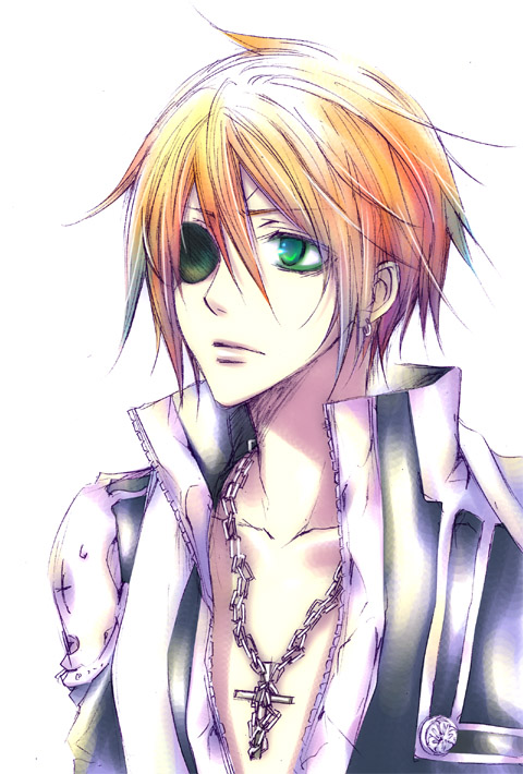 mame (pixiv807557), lavi, d.gray-man, 00s, 1boy, cross, eyepatch, green hair, male focus, orange hair, short hair, simple background, solo