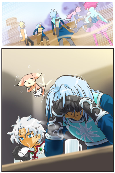 moromoto meoto, guy cecil, harold belserius, panille, presea combatir, ruca milda, senel coolidge, veigue lungberg, alfa system, tales of (series), tales of destiny, tales of destiny 2, tales of innocence, tales of legendia, tales of rebirth, tales of symphonia, tales of the abyss, tales of the world, tales of the world radiant mythology 2, 00s, 2girls, 4boys, coffee, disappointed, multiple boys, multiple girls, sad