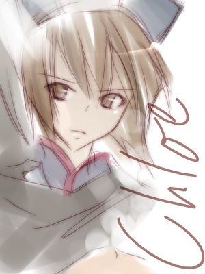 mashiro (uttii0808), chloe valens, tales of (series), tales of legendia, lowres, 1girl, black hair, bob cut, brown eyes, brown hair, character name, female focus, hat, serious, short hair, solo