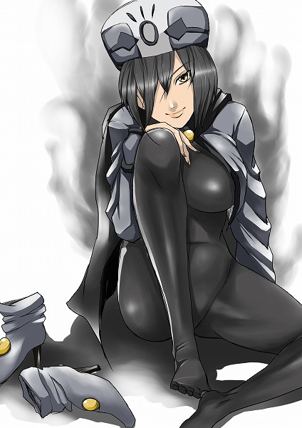 cholesenel, chloe valens, tales of (series), tales of legendia, 1girl, black hair, black theme, bob cut, bodysuit, breasts, cape, dark persona, female focus, hat, large breasts, short hair, solo, white background, yellow eyes