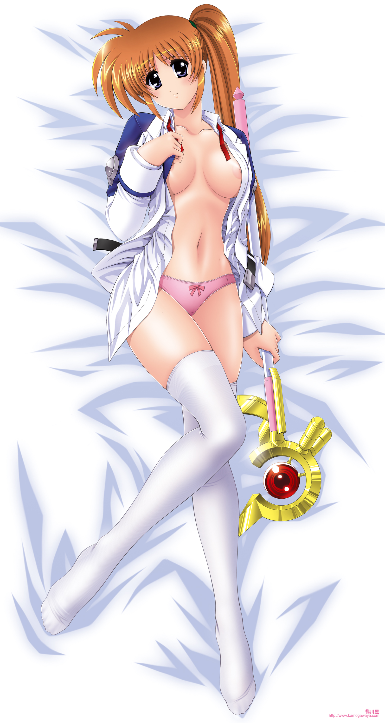 kamogawa tanuki, raising heart, raising heart (accel mode), takamachi nanoha, lyrical nanoha, mahou shoujo lyrical nanoha, mahou shoujo lyrical nanoha strikers, absurdres, highres, 00s, 1girl, bed, belt, breasts, brown hair, dakimakura (medium), feet, female focus, large breasts, long hair, looking at viewer, navel, nipples, open clothes, open shirt, panties, pink panties, purple eyes, ribbon, shiny skin, shirt, side ponytail, skindentation, solo, thighhighs, underwear, very long hair