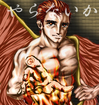 abe takakazu, moltres, nintendo, pokemon, satoxpika, lowres, fire, gen 1 pokemon, legendary pokemon, male focus, personification, wings