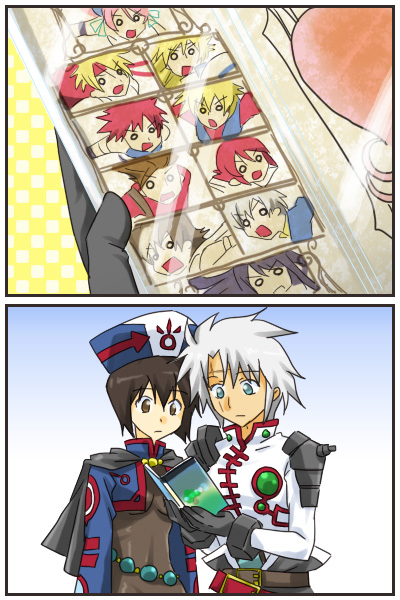 moromoto meoto, caius qualls, chloe valens, cress albane, kanonno earhart, kyle dunamis, lloyd irving, luke fon fabre, reid hershel, ruca milda, senel coolidge, stahn aileron, yuri lowell, alfa system, tales of (series), tales of destiny, tales of destiny 2, tales of eternia, tales of innocence, tales of legendia, tales of phantasia, tales of symphonia, tales of the abyss, tales of the tempest, tales of the world, tales of the world radiant mythology 2, tales of vesperia, 00s, 2girls, 6+boys, belt, black hair, bob cut, completely unamused, gloves, hat, multiple boys, multiple girls, o o, red hair, scar, short hair, skin tight, unamused, white hair