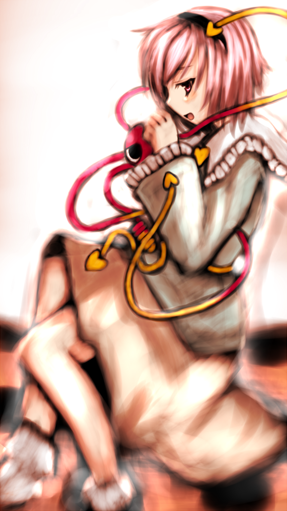 irusu, komeiji satori, touhou, 1girl, blush, female focus, gradient background, hairband, heart, multiple girls, pink hair, ribbon, short hair, sitting, solo, white background