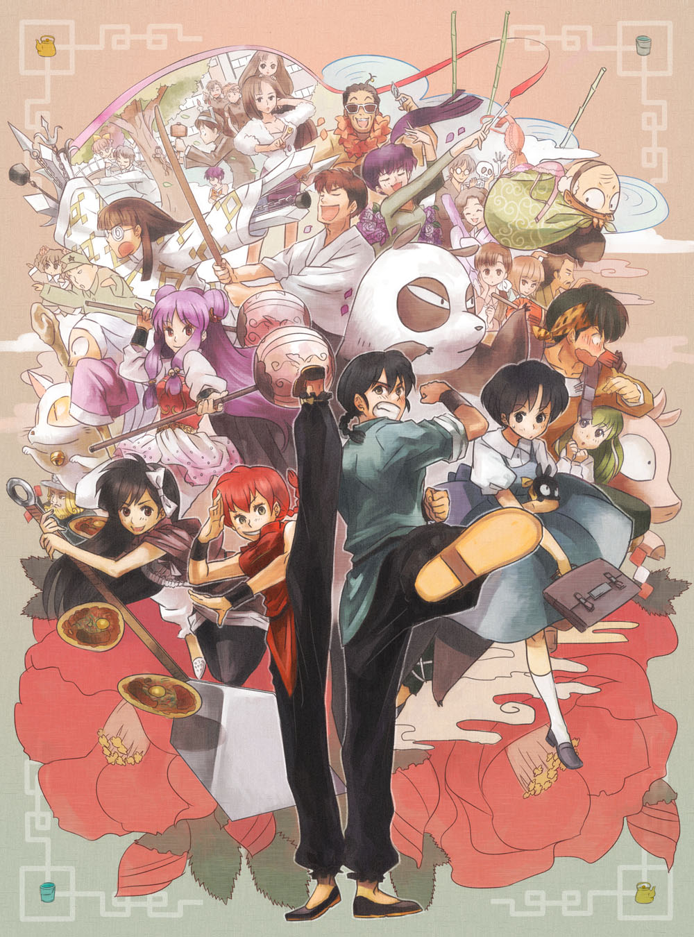 haruhashi, cologne (ranma 1/2), daisuke (ranma 1/2), gosunkugi hikaru, happosai, hibiki ryouga, kunou kocho, kunou kodachi, kunou tatewaki, kuonji ukyou, mousse (ranma 1/2), ninomiya hinako, ono tofu, p-chan, pantyhose taro, ranma-chan, saotome genma, saotome nodoka, saotome ranma, shampoo (ranma 1/2), tendou akane, tendou kasumi, tendou nabiki, tendou souun, the gamblerking, unryuu akari, ranma 1/2, highres, 6+boys, 6+girls, absolutely everyone, age difference, bamboo, barefoot, black eyes, black hair, braid, brown eyes, cat, chinese clothes, chui, cloud, dual persona, everyone, father and daughter, flower, food, genderswap, genderswap (mtf), glasses, green hair, hand fan, japanese clothes, kendo, kicking, long hair, multiple boys, multiple girls, no socks, okonomiyaki, oversized object, panda, pig, ponytail, purple eyes, purple hair, red hair, school uniform, short hair, single braid, socks, spatula, sunglasses, sword, tree, weapon