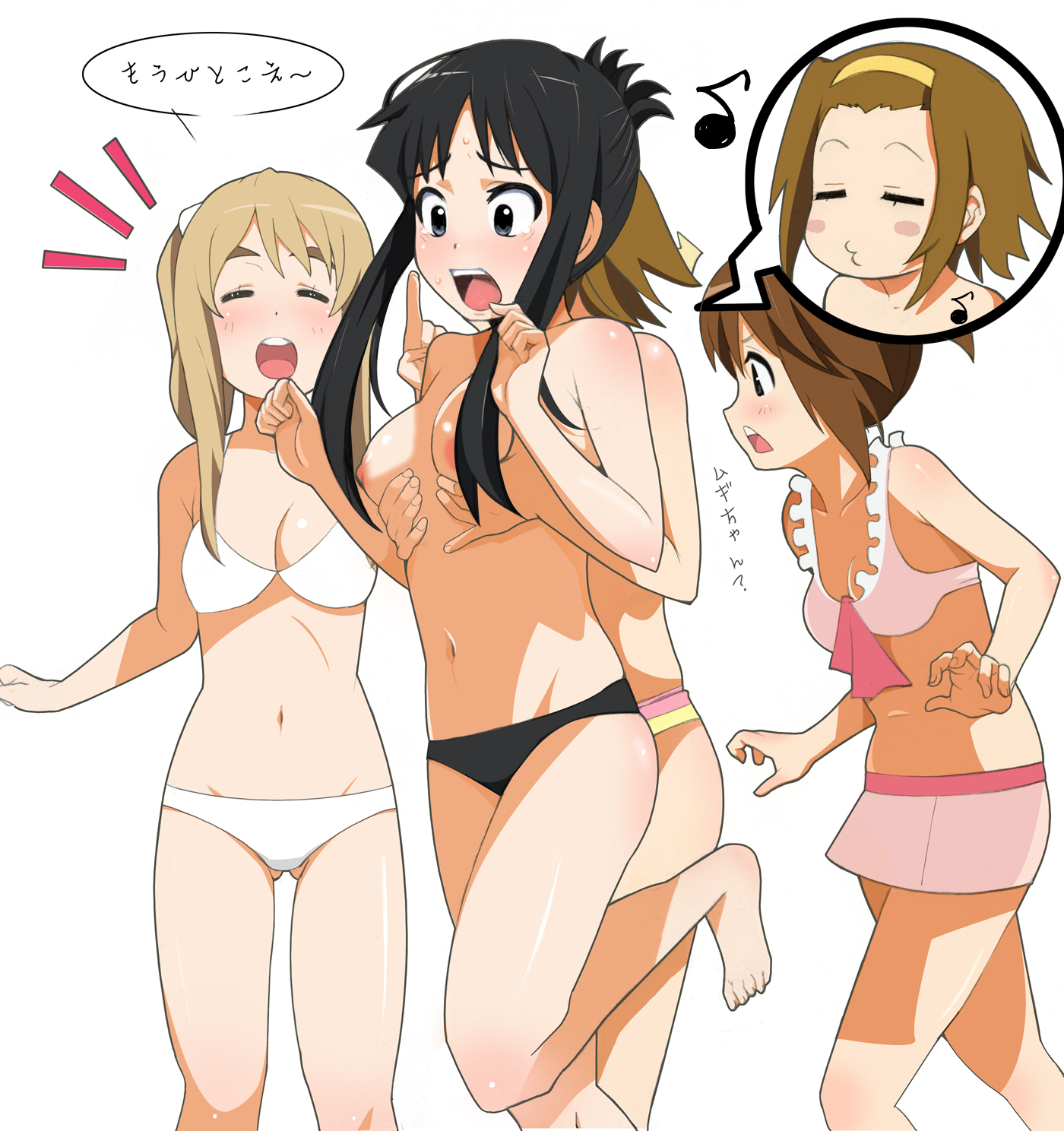 ushisuke, akiyama mio, hirasawa yui, kotobuki tsumugi, tainaka ritsu, k-on!, eyebrows, bad id, bad pixiv id, highres, translated, 00s, 4girls, :o, = =, ^^^, bare shoulders, barefoot, bikini, black hair, blonde hair, blush, breasts, brown hair, cleavage, closed eyes, covered erect nipples, female focus, grabbing another's breast, groping, hairband, ho-kago tea time, long hair, midriff, multiple girls, musical note, navel, nipples, o3o, open mouth, pinky out, profile, short hair, surprised, surprised arms, swimsuit, topless female, white bikini, yuri