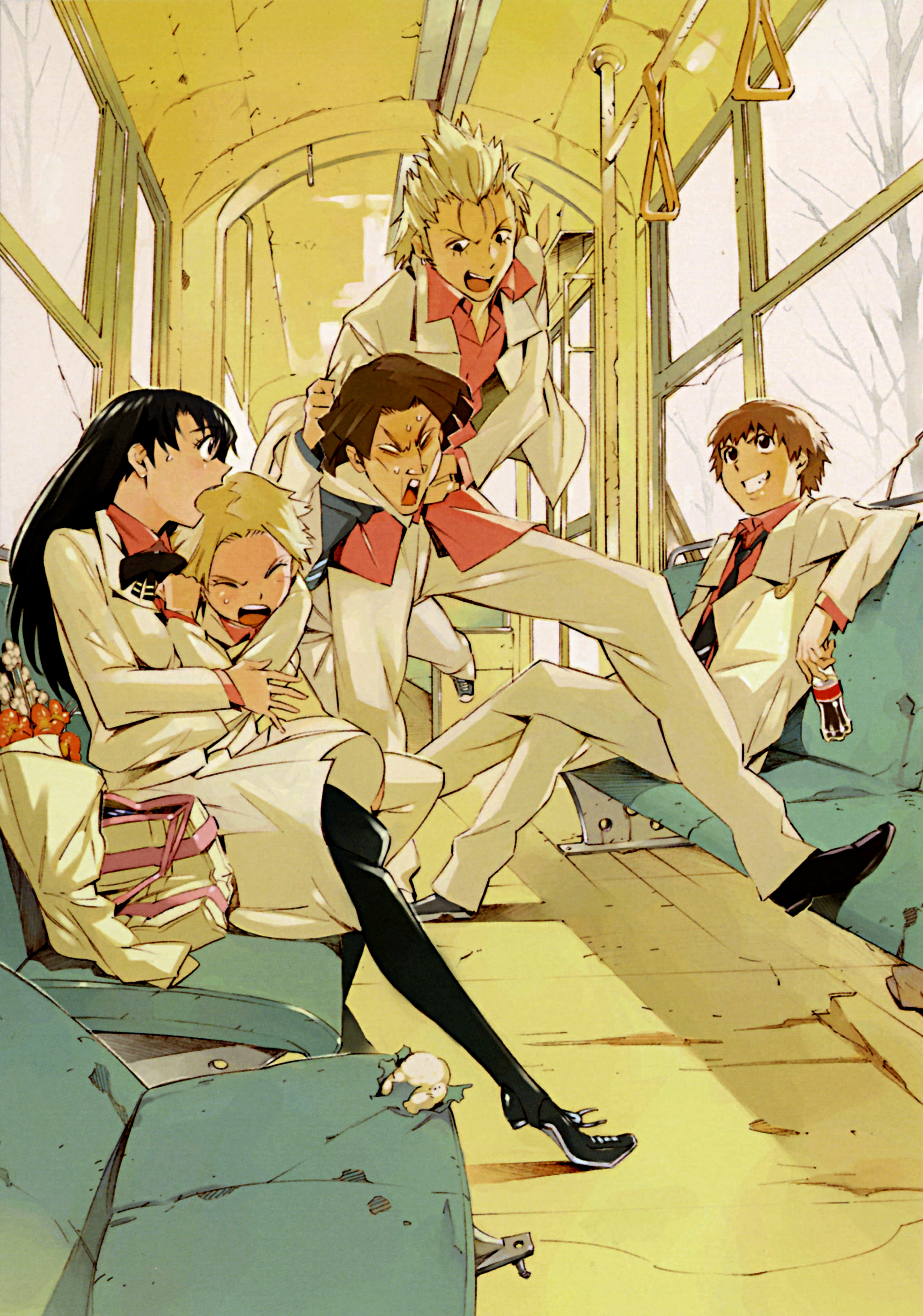 shimizu eiichi, shimoguchi tomohiro, doumyouji makoto, hayase kouichi, kizaki emi, makoto domyoji, niiyama risako, kurogane no linebarrel, absurdres, highres, 00s, 2girls, 3boys, flower, headlock, multiple boys, multiple girls, pantyhose