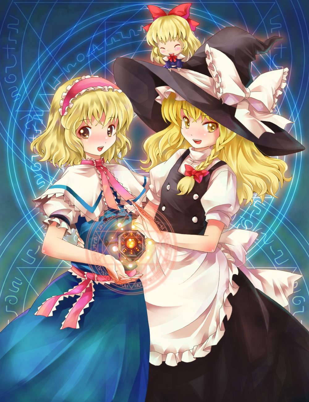 michii yuuki, alice margatroid, kirisame marisa, shanghai doll, touhou, bad id, bad pixiv id, highres, 2girls, blonde hair, braid, doll, female focus, hairband, hat, magic circle, malice cannon, mini-hakkero, multiple girls, short hair, witch, witch hat, yellow eyes