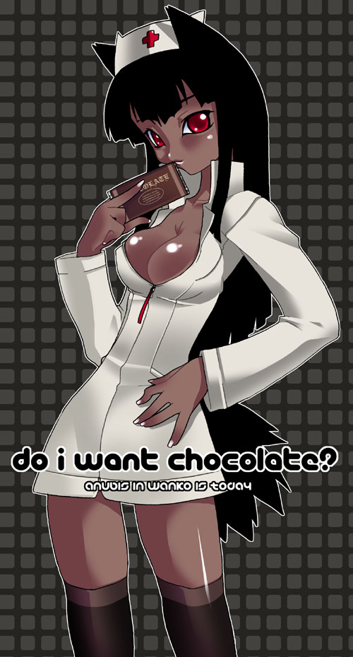 animal ears, breasts, chocolate, cleavage, dark skin, food, nurse