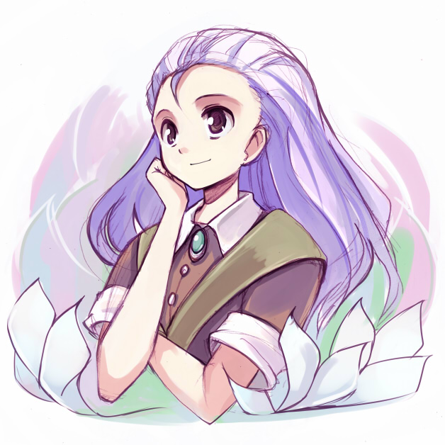 seo tatsuya, lisa (princess maker), princess maker (series), princess maker 3, 1girl, female focus, purple hair, smile, solo, thinking