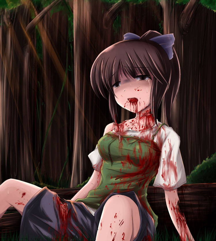 shimo (depthbomb), kisei joker, blood, death, empty eyes, forest, guro, hair ribbon, nature, ponytail, ribbon, sitting, slit throat, tears, torn clothes, tree