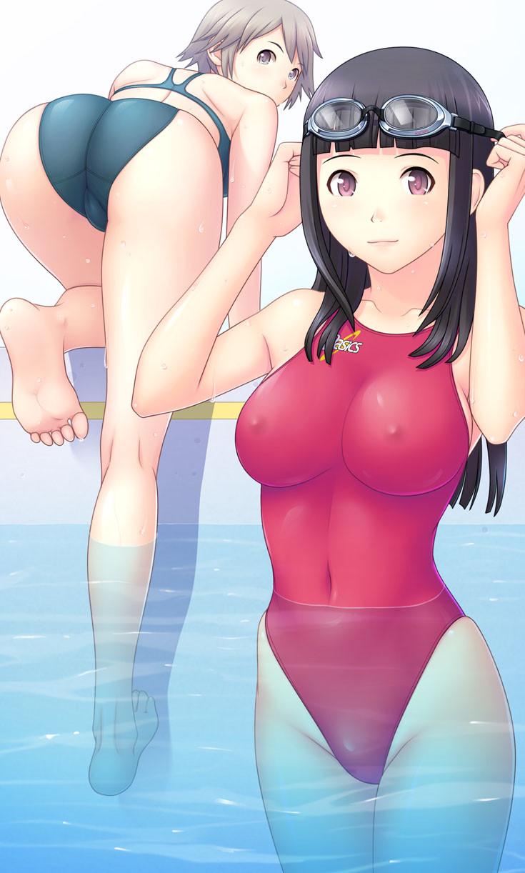 kuri (kurigohan), asics, silver hair, highres, 2girls, all fours, ass, back, barefoot, black hair, blunt bangs, breasts, competition swimsuit, covered erect nipples, covered navel, feet, goggles, goggles on head, grey eyes, highleg, highleg one-piece swimsuit, hime cut, large breasts, long hair, looking back, multiple girls, navel, one-piece swimsuit, partially submerged, pink eyes, pool, poolside, red eyes, short hair, skin tight, smile, soaking feet, soles, submerged, swimsuit, toes, wading, water, wet