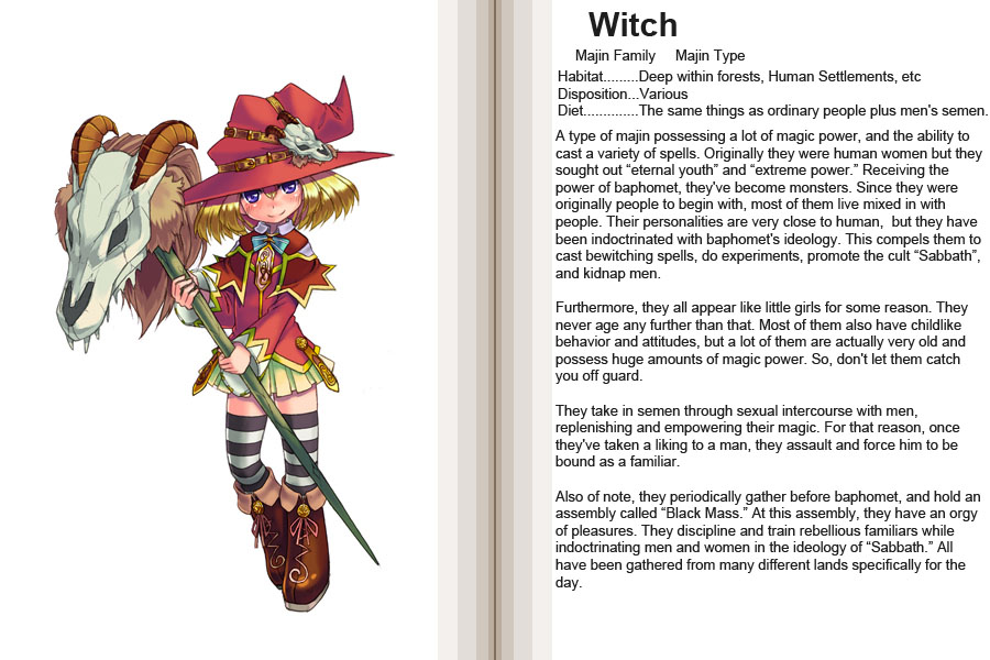 kenkou cross, witch (monster girl encyclopedia), monster girl encyclopedia, hard-translated, official art, third-party edit, translated, 1girl, blonde hair, character profile, closed mouth, dress, english text, hat, loli, looking at viewer, monster girl, petite, pleated skirt, purple eyes, short hair, skirt, skull, smile, staff, striped clothes, striped thighhighs, thighhighs, witch, witch hat, zettai ryouiki