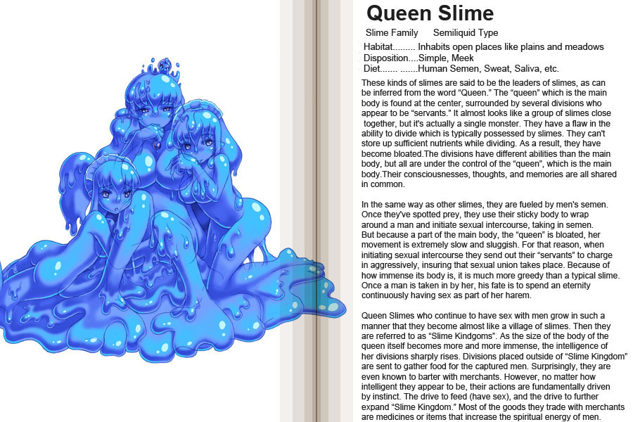 kenkou cross, queen slime, monster girl encyclopedia, hard-translated, official art, third-party edit, translated, 3girls, ass, blue eyes, blue skin, blue theme, blush, breasts, character profile, colored skin, crown, english text, jewelry, large breasts, maid, monster girl, multiple girls, omitted bits, pendant, semiliquid, slime (substance), slime girl