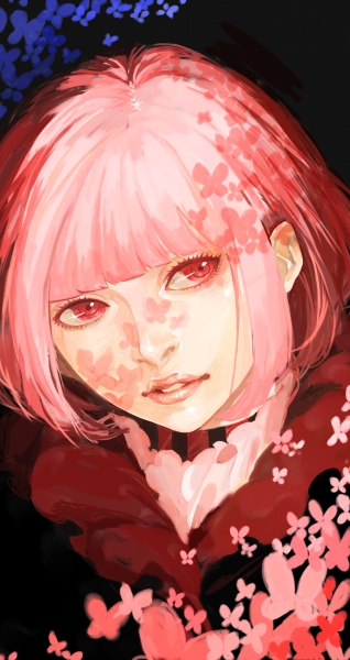 v8, bad id, bad pixiv id, bug, butterfly, eyelashes, insect, lips, lipstick, makeup, pink hair, red eyes, shade, shadow, short hair, solo