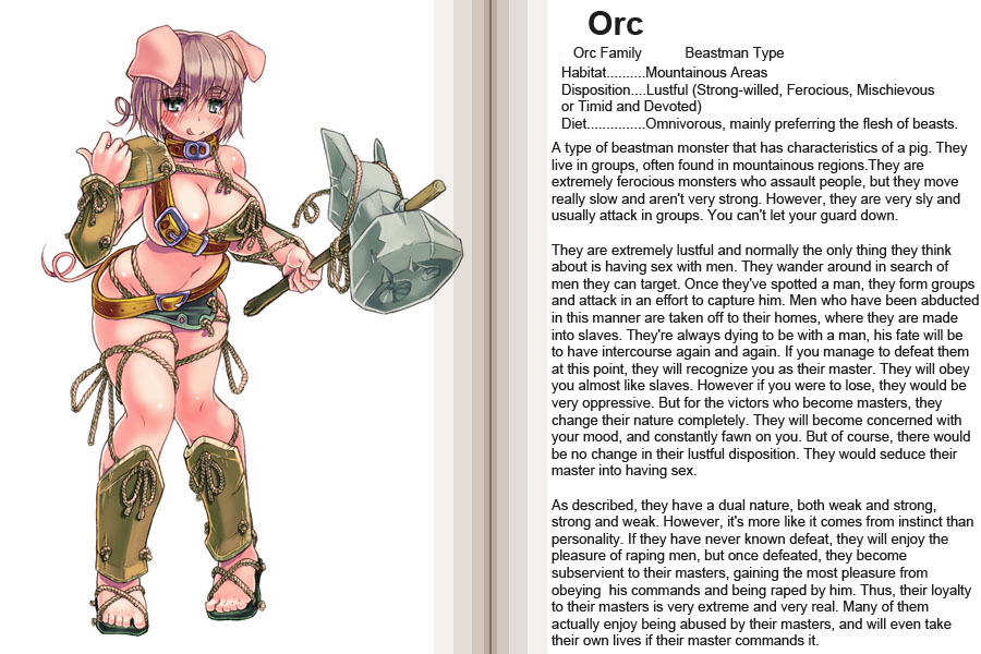 kenkou cross, orc (monster girl encyclopedia), monster girl encyclopedia, hard-translated, official art, third-party edit, translated, 1girl, animal ears, asymmetrical clothes, asymmetrical top, asymmetrical underboob, belt, belt bra, blush, breasts, character profile, cleavage, collar, curvy, english text, female focus, female orc, hammer, large breasts, looking at viewer, monster girl, orc, pig ears, pig girl, pig tail, revealing clothes, rope, sandals, shin guards, sideboob, simple background, solo, tail, underboob, white background
