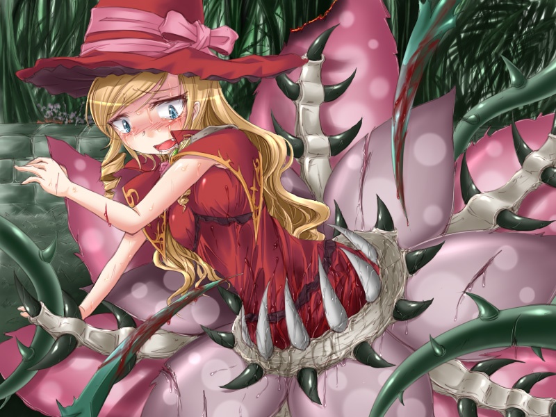 shimo (depthbomb), atlus, etrian odyssey, aqua eyes, blonde hair, blood, fangs, flower, forest, guro, hat, long hair, monster, nature, open mouth, pain, plant, ribbon, tears, tentacles, thorns, vore, wet, witch, witch hat