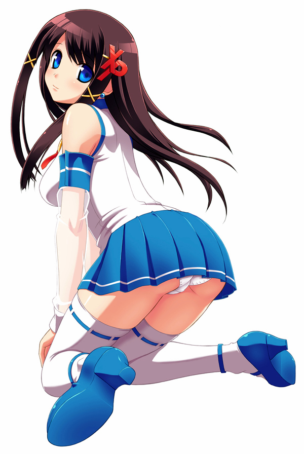 xp-tan, tagme, ass, blue eyes, brown hair, high heels, long hair, panties, shoes, skirt, underwear, upskirt, white panties