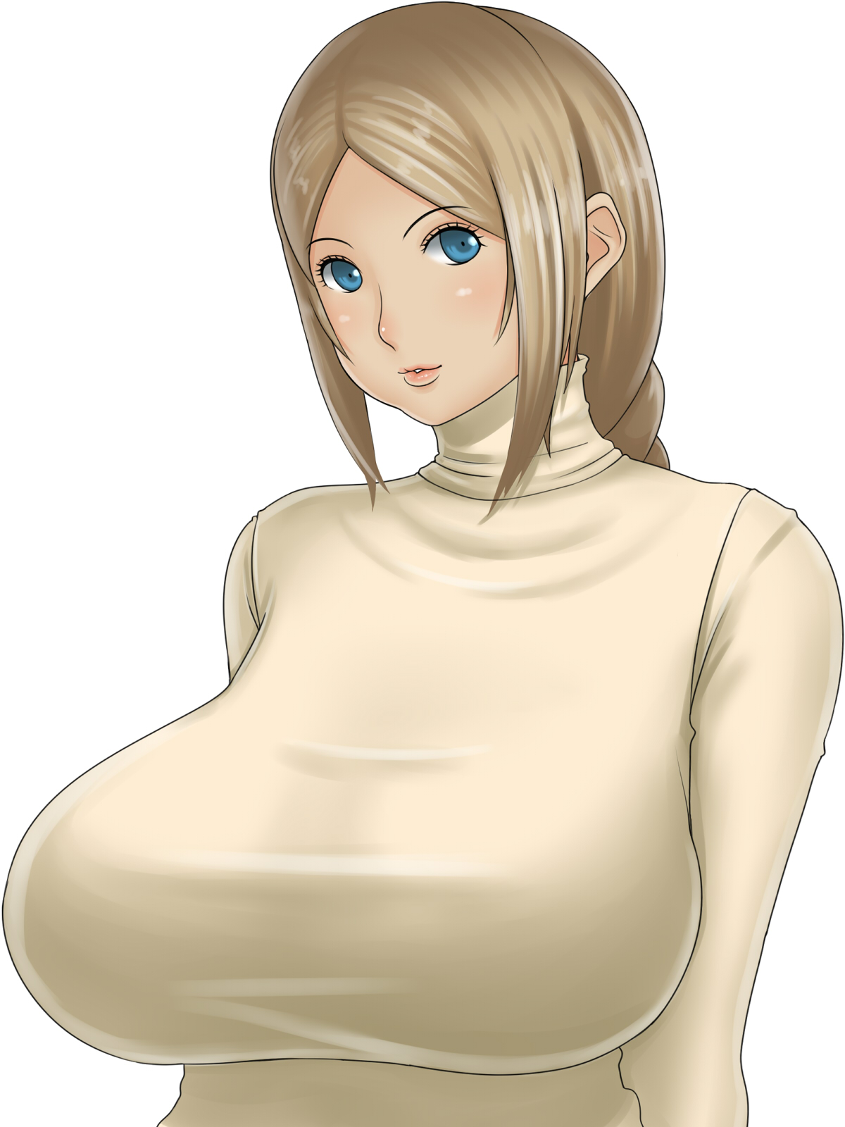 monmonism, original, highres, 1girl, alternate color, blue eyes, blush, braid, breasts, brown hair, female focus, huge breasts, impossible clothes, impossible shirt, impossible sweater, lips, long hair, shirt, single braid, solo, sweater, taut clothes, taut shirt