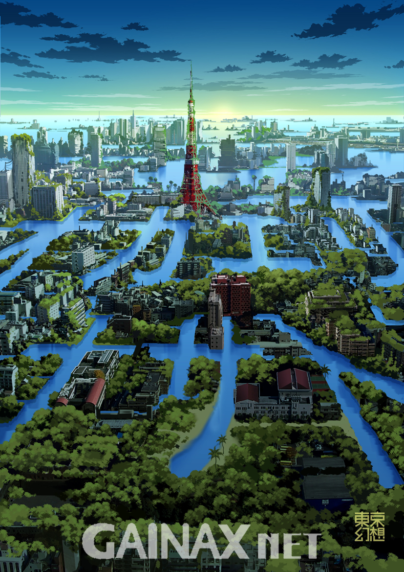 tokyogenso, gainax, original, top wo nerae!, top wo nerae! (series), translated, building, cityscape, flood, overgrown, scenery, sky, tokyo tower, tower, tree, water