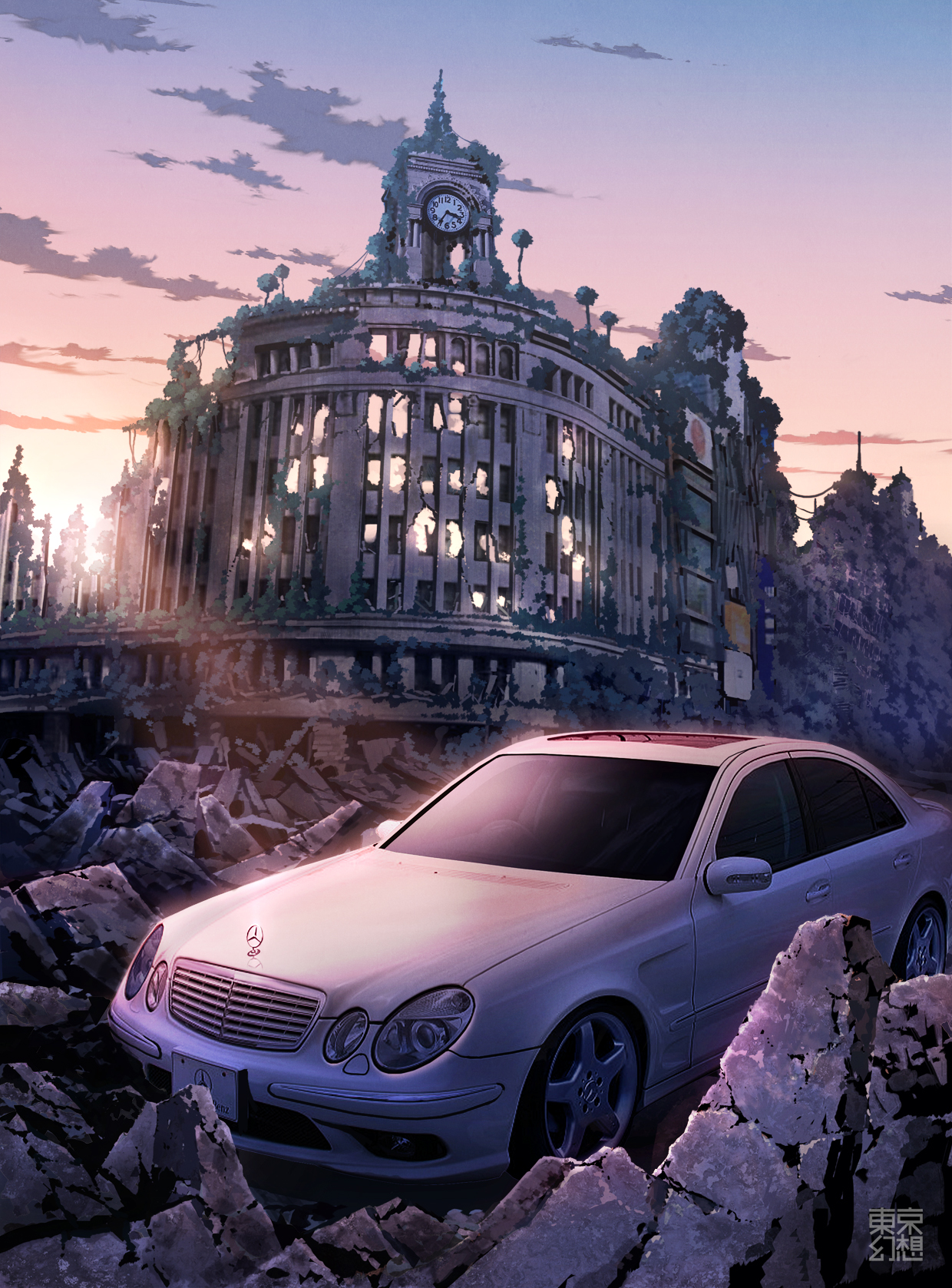 tokyogenso, mercedes-benz, original, highres, building, car, chuuou (tokyo), clock, cloud, mercedes benz, motor vehicle, no humans, overgrown, ruins, scenery, sky, tokyo (city), vehicle focus