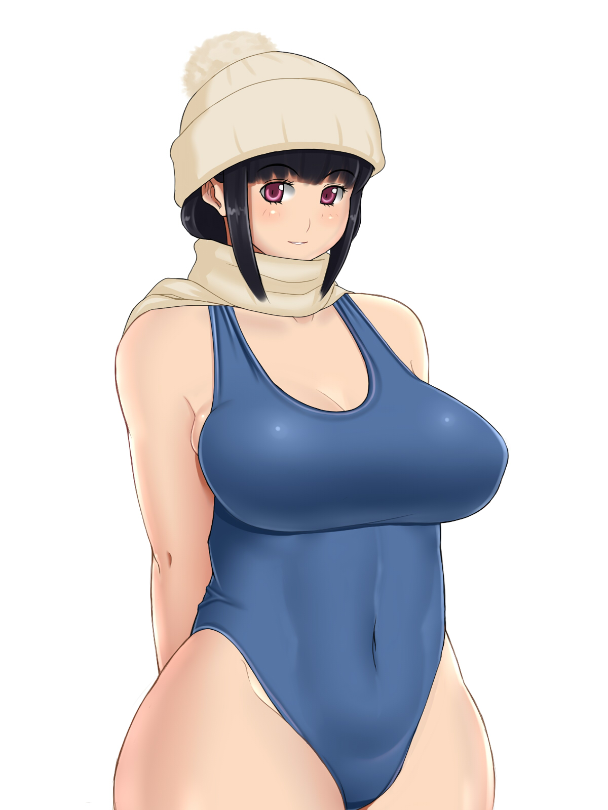 monmonism, original, highres, bare shoulders, black hair, breasts, hat, huge breasts, one-piece swimsuit, purple eyes, scarf, school swimsuit, short hair, simple background, solo, swimsuit