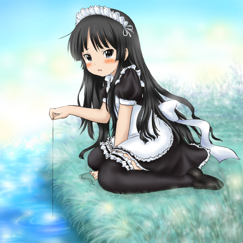 rokuroubuna, akiyama mio, k-on!, 00s, 1girl, alternate costume, apron, black hair, blue eyes, blunt bangs, blush, dress, enmaided, female focus, frilled thighhighs, frills, grass, hime cut, long hair, maid, maid apron, maid headdress, nature, outdoors, solo, tears, thighhighs, water, zettai ryouiki