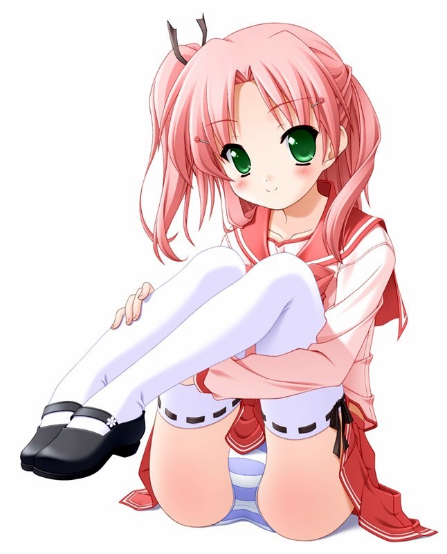 maaryan (to heart), to heart (series), to heart 2, artist request, tagme, 00s, 1girl, black bow, blue panties, blush, bow, dot nose, female focus, full body, green eyes, legs together, legs up, looking at viewer, mary janes, medium hair, panties, pink hair, pink serafuku, pleated skirt, school uniform, serafuku, shirt, shoes, skirt, smile, solo, striped clothes, striped panties, thighhighs, underwear, white thighhighs
