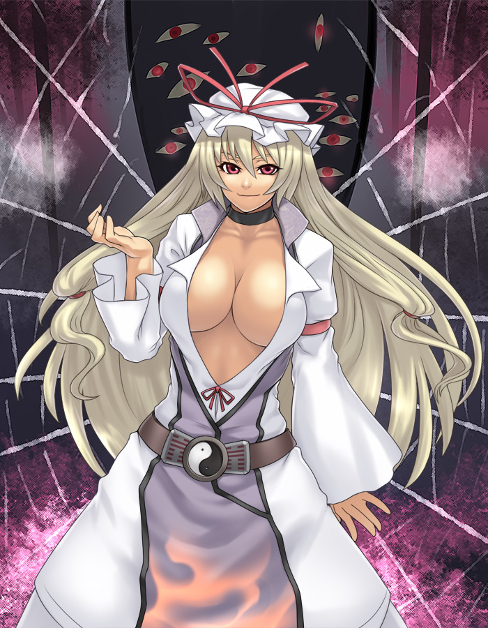 houtengeki, yakumo yukari, touhou, 1girl, blonde hair, breasts, center opening, cleavage, female focus, gap (touhou), hat, huge breasts, long hair, red eyes, silk, solo, spider web