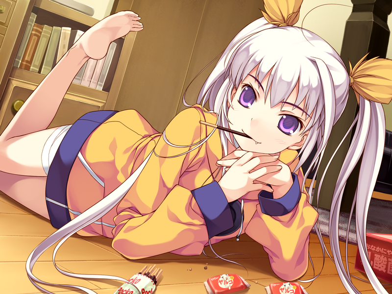 amakura, sachiko (toppara), toppara, game cg, translation request, 1girl, bandages, barefoot, bookshelf, fang, feet, female focus, food, jacket, leg up, lying, on stomach, pocky, purple eyes, soles, solo, toes, twintails, white hair
