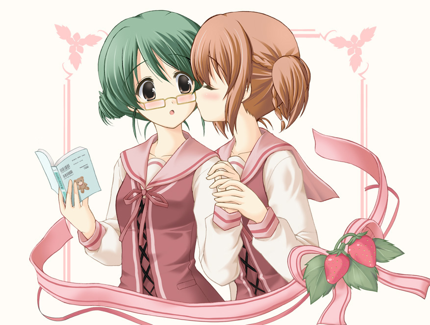 chisato (missing park), hyuuga kizuna, natsume remon, strawberry panic!, 00s, 2girls, blush, book, brown eyes, brown hair, closed eyes, drill hair, food, fruit, glasses, green hair, holding hands, kiss, multiple girls, ribbon, school uniform, short hair, short twintails, strawberry, twin drills, twintails, yuri