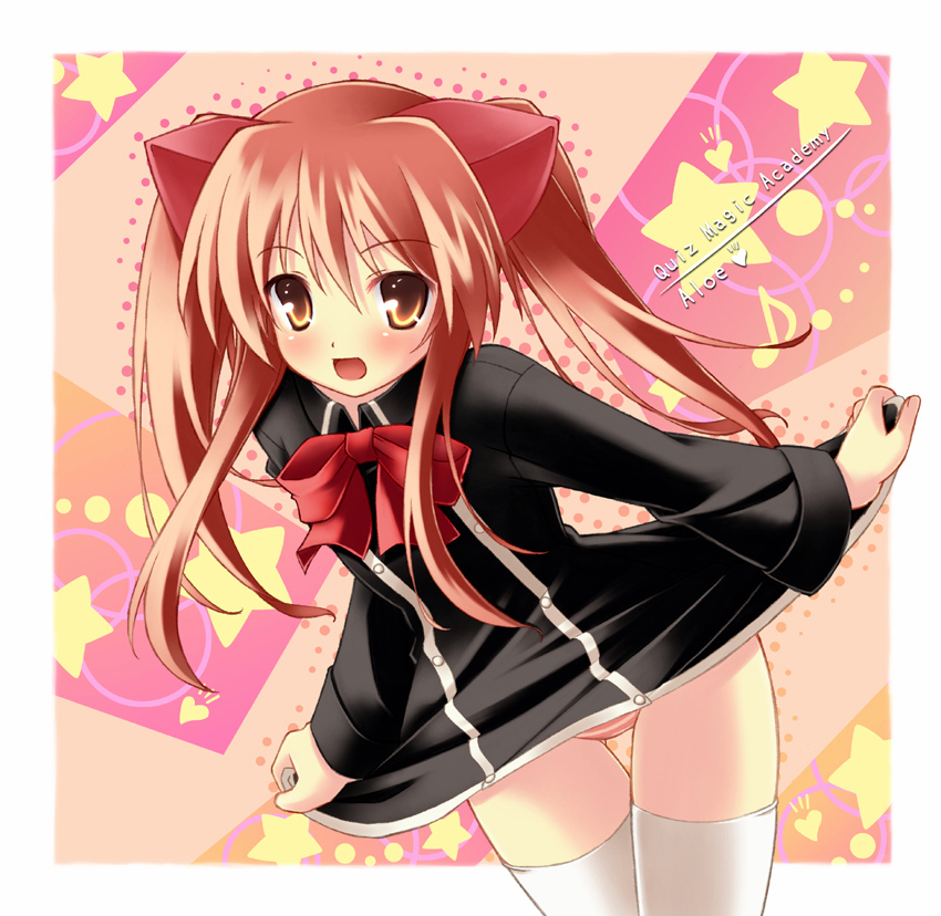 tagme, 1girl, animal ears, blush, brown eyes, brown hair, clothes lift, dot nose, feet out of frame, female focus, looking at viewer, panties, skirt, skirt lift, smile, solo, thigh gap, thighhighs, underwear, white thighhighs