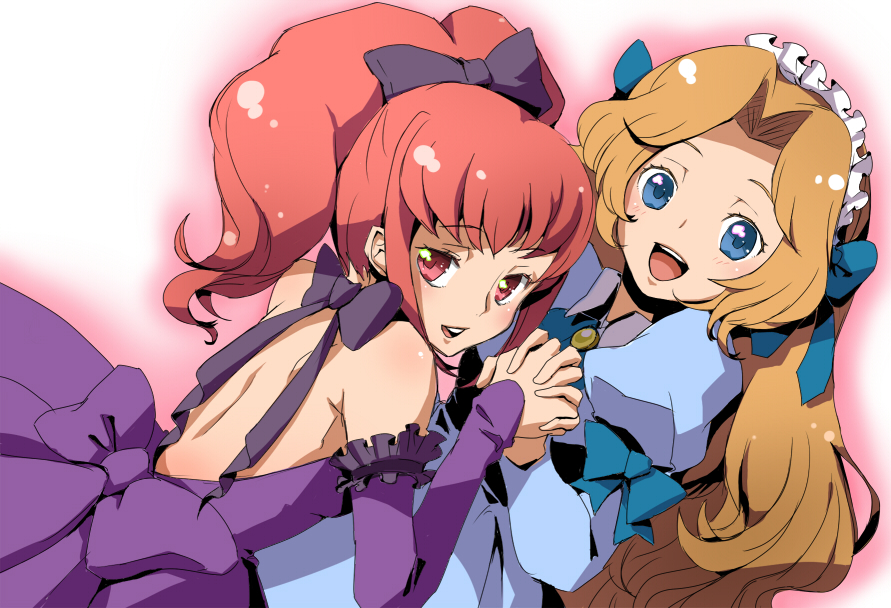 isumimax, anya alstreim, nunnally vi britannia, code geass, 00s, 2girls, back, bare shoulders, blonde hair, bow, hair bow, holding hands, interlocked fingers, maid headdress, multiple girls, ponytail, red hair, smile