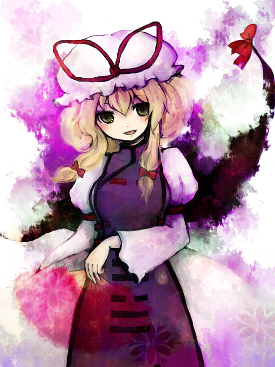 1st-mn, yakumo yukari, touhou, 1girl, :d, blonde hair, bow, dress, female focus, gap (touhou), green eyes, hair bow, hair ribbon, hand fan, hat, open mouth, ribbon, short hair, smile, solo, transparent, yellow eyes