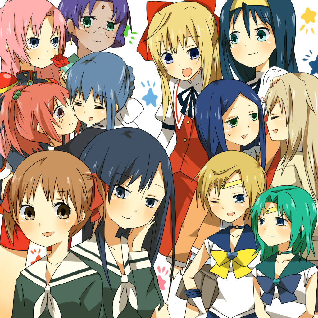 orange (artist), orange (bibiko), aoi nagisa, fujino shizuru, fukuzawa yumi, himemiya anthy, himemiya chikane, kaiou michiru, kuga natsuki, kurusugawa himeko, ogasawara sachiko, sailor neptune, sailor uranus, suzumi tamao, ten'ou haruka, tenjou utena, bishoujo senshi sailor moon, kannazuki no miko, maria-sama ga miteru, my-hime, shoujo kakumei utena, strawberry panic!, bad id, bad pixiv id, 00s, 1990s (style), 6+girls, blonde hair, blue eyes, blue hair, blue sailor collar, bow, brooch, brown eyes, brown hair, closed eyes, crossover, dress, green eyes, green hair, hair ribbon, hairband, half updo, headband, heart, heart brooch, hug, long hair, magical girl, multiple crossover, multiple girls, one eye closed, pink hair, ponytail, purple hair, red eyes, red hair, retro artstyle, ribbon, sailor collar, school uniform, short hair, smile, star (symbol), trait connection, twintails, wink, yellow bow, yuri